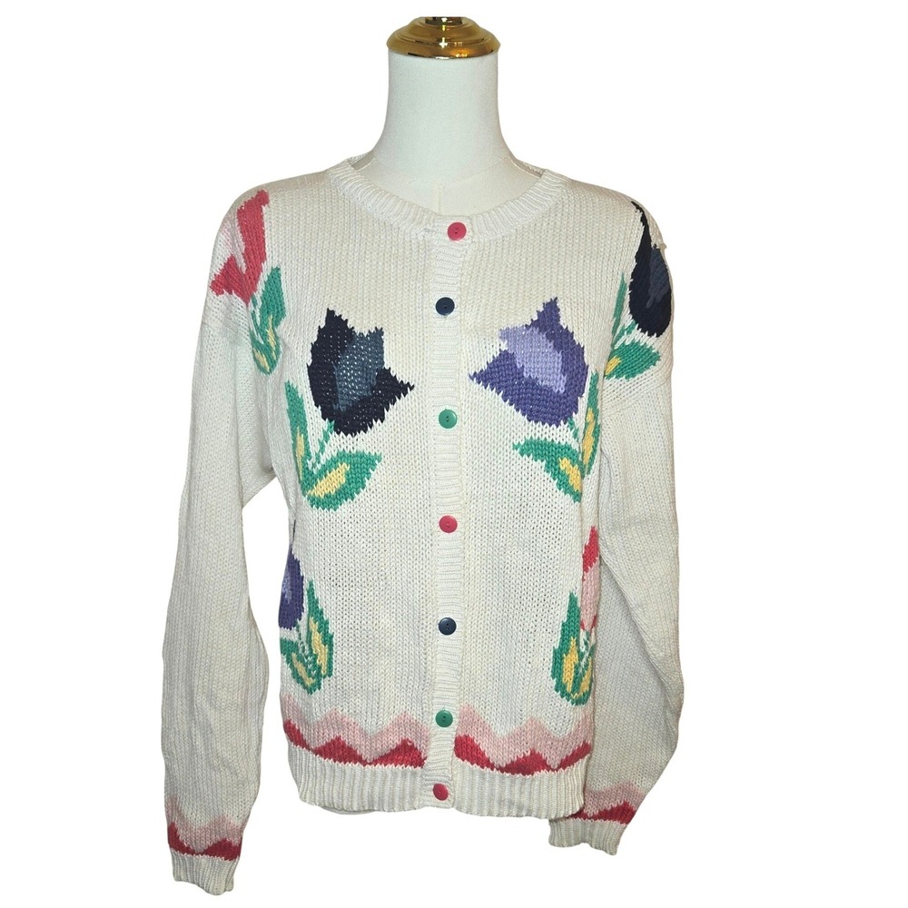 Vintage Eagle's Eye Floral Tulip Cardigan Sweater Womens‎ M Cotton Blend -Spring